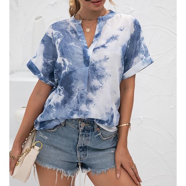 

women's t-shirt tie dye women t shirt summer short sleeve female casual v-neck korean style design single breasted street wear, White