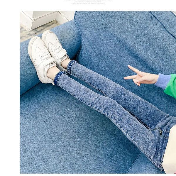

jeans girls 2021 korean fashion high elastic slim pencil for kids children casual solid color denim pants t80, Blue