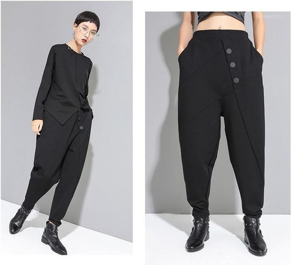 

women's pants & capris obrix bohemian cropped female harem high waist pleated buttons pockets for women, Black;white