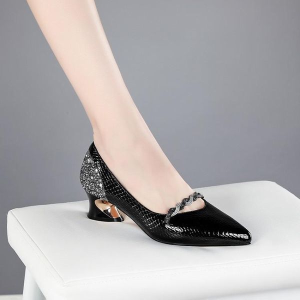 

mljuese 2021 women pumps soft cow leather autumn spring bling bling mary janes pointed toe high heels pumps size 34-42, Black
