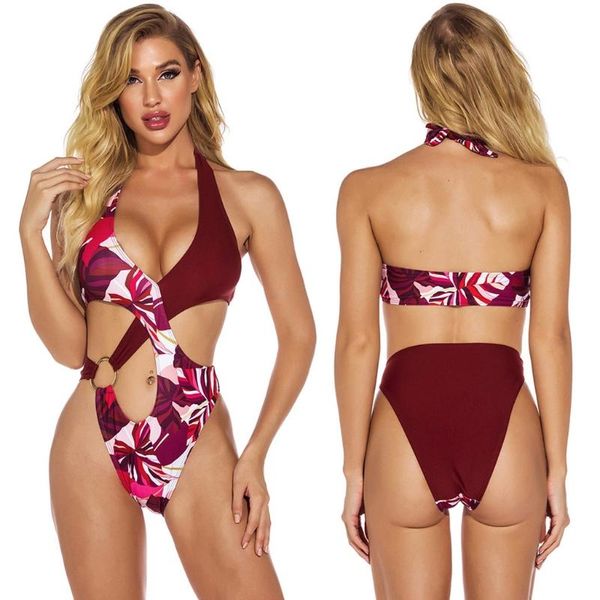 

women red one-piece swimsuit bikini neck strap waist hollow out flower printing
