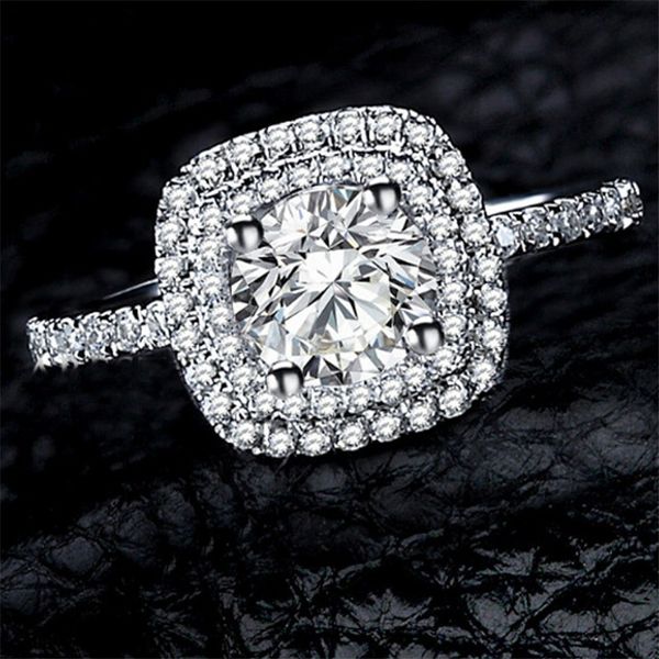 Anelli di nozze in vero argento sterling massiccio 925 per le donne Anello di fidanzamento con diamanti simulati di lusso con taglio a cuscino da 4 ct