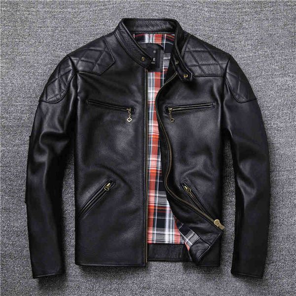 

men's leather & faux spring and autumn natural cowhide motorcycle jackets men genuine jacket really moto slim coat man plus size 5, Black
