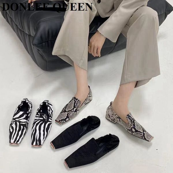 

fashion square toe flats shoes women slip on loafers comfortable ballet zebra snake pattern shoe big size 35-41 zapatillas mujer, Black