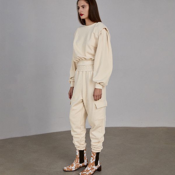 

streetwear 2 piece sets womens outfits shoulder pads cropped hoodie cargo pants jogging suits sports tracksuit c66gg74, White