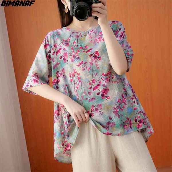 

women t-shirt o-neck retro linen floral print style tee shirt pastora patchwork vintage female loose summer 210531, White