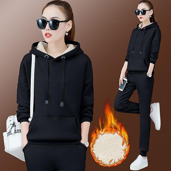 

autumn and winter new women's casual fashion sportswear plus velvet thick winter lamb velvet hooded sweater women two-piece suit, White