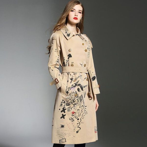 

women's trench coats fashion loose print women coat 2021 autumn elegant belted windbreaker chic lady wind d498, Tan;black