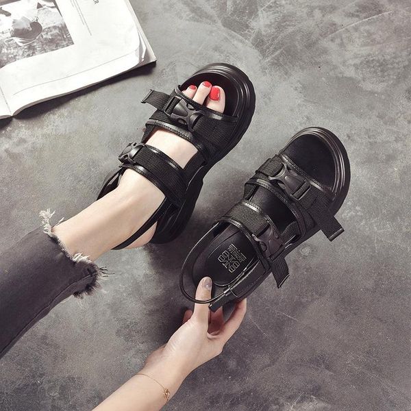 

2021 summer 8cm platform sandals women wedge high heels shoes women buckle leather canvas zapatos mujer wedges woman sandals new, Black