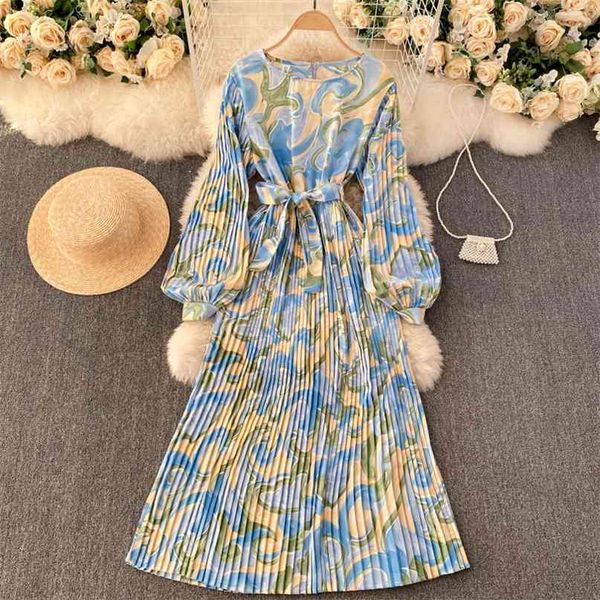 

women fashion oil painting printing pleated long sleeve high waist slimming a-line dress casual clothes vestidos r896 210527, Black;gray
