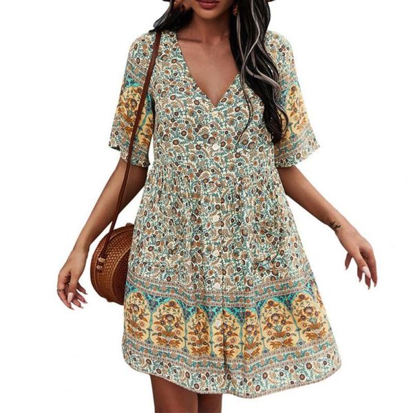 

casual dresses fashion short dress positioning printing v neck women sleeve buttons bohemian for summer travel, Black;gray