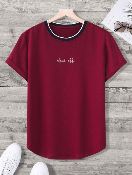 

men letter graphic contrast trim curved hem tee l3t0#, White;black