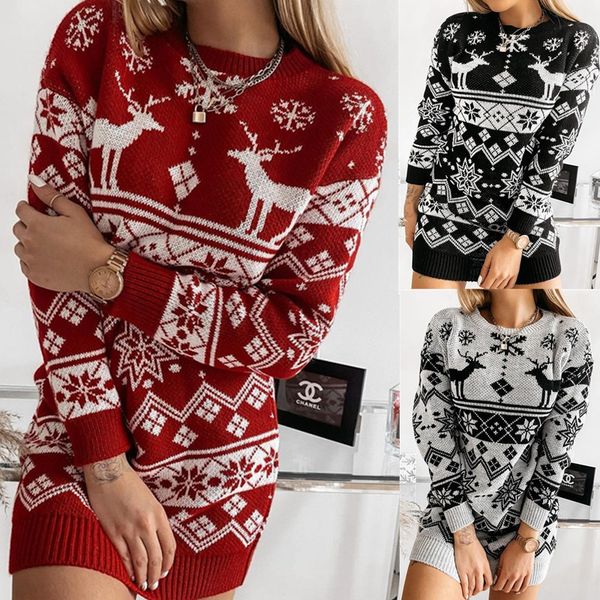 

autumn fashion casual dress christmas theme elk snowflake womens knitted dresses three colors s-2xl, Black;gray