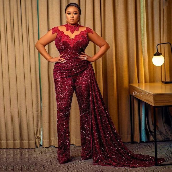 

2021 modest sequin jumpsuit prom dresses high neck lace appliqued outfit evening gowns plus size pageant dress, Black