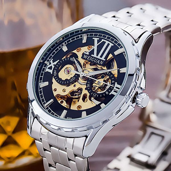 

automatic out watch waterproof luminous hollow men's mechanical fashion, Slivery;brown