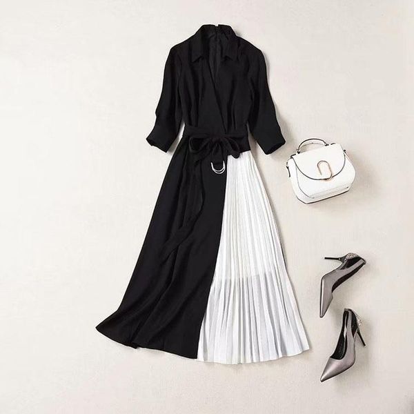 

casual dresses est nice designer women's elegant v-neck 3/4 sleeve slim stitching black white color block pleated long dress, Black;gray
