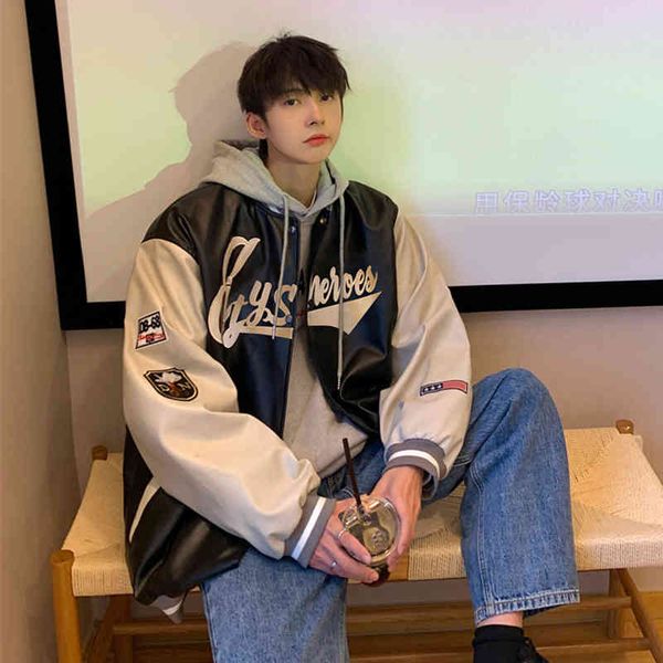 

autumn fashion brand suit male couple pu leather flight et loose casual thicken and keep warm in winter mens clothing, Black