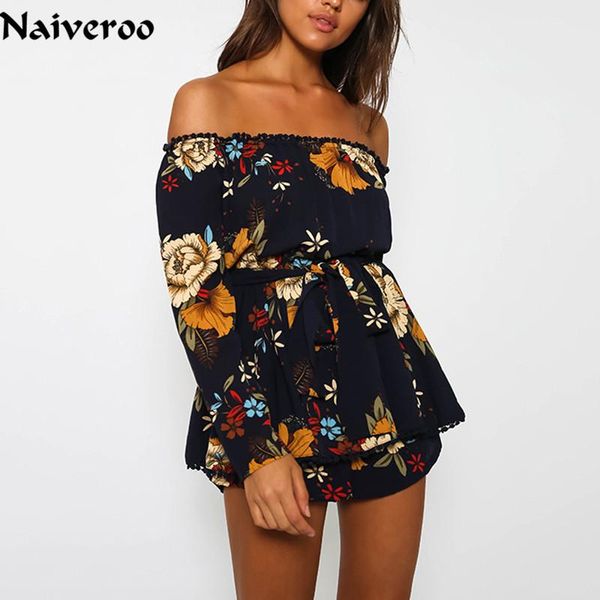 

women's jumpsuits & rompers boho women summer strapless off the shoulder long sleeve backless playsuits print floral slim beach 6q1735, Black;white
