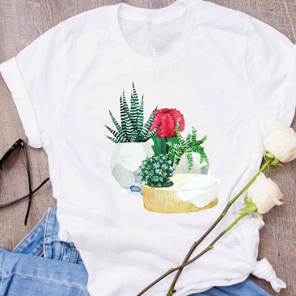 

women graphic ladies cactus flower floral printing clothes lady tees print clothing female t shirt womens t-shirt, White