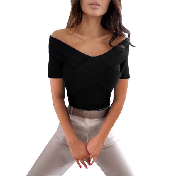 

women's t-shirt summer ladies elegant short sleeve cross v-neck casual tight high waist female clothing, White