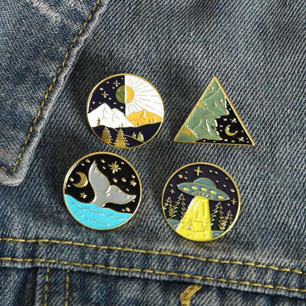 

circle triangle day and night brooches moon star mountain spacecraft badge accessories cowboy backpack alloy enamel pins jewelry wholesale, Gray