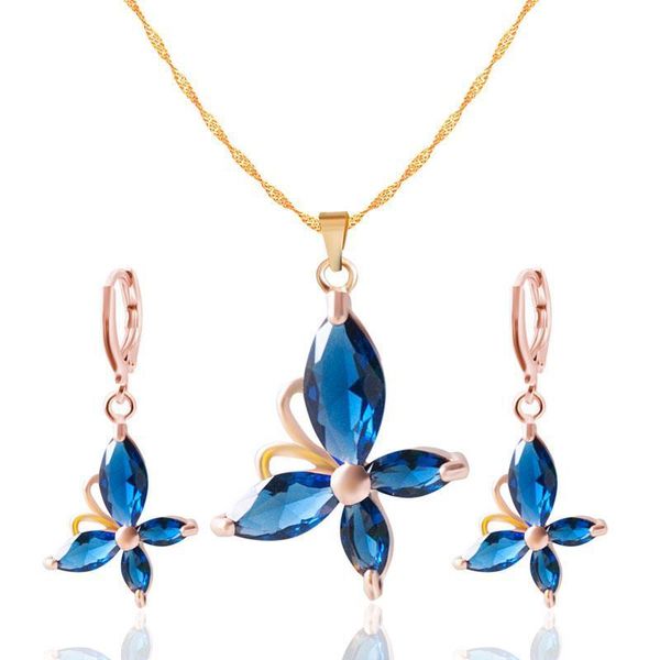 Novo design colorido borboleta jóias conjunto banhado multicolor zircão grande brincos de colar de casamento conjuntos de jóias