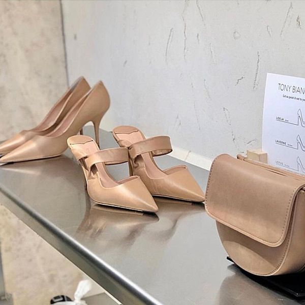

slippers celebrity temperament, pointed thin heels, high-heeled fashion mules, nude colored baotou leather semi-slippers summer sandals, Black