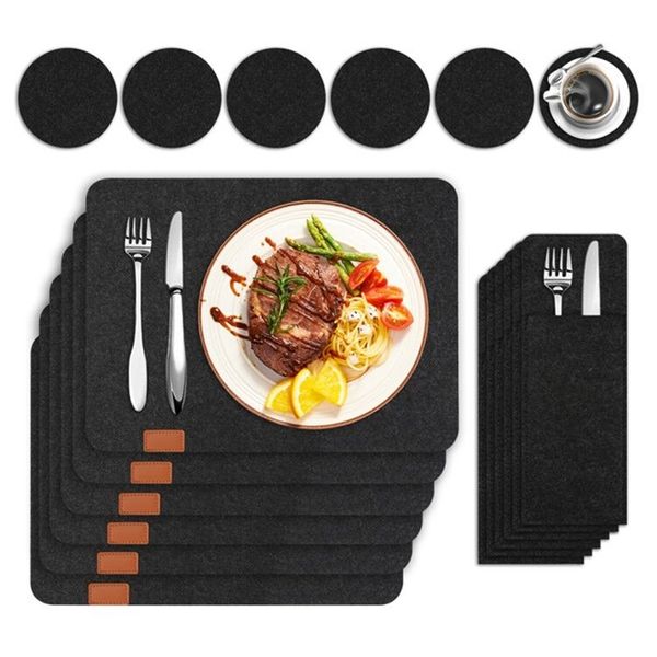 18 pcs anti-deslizamento natural feltro placemats definido para mesa de jantar calor isolado coaster lavável cozinha saco de armazenamento de cozinha saco de feltro 210706