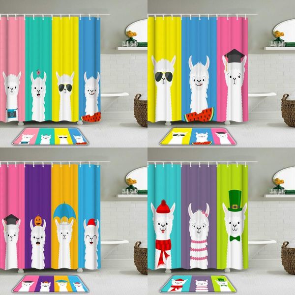 

shower curtains cartoon lovely alpaca 3d printed curtain set with hooks animal waterproof bathroom non-slip bath mat home decor