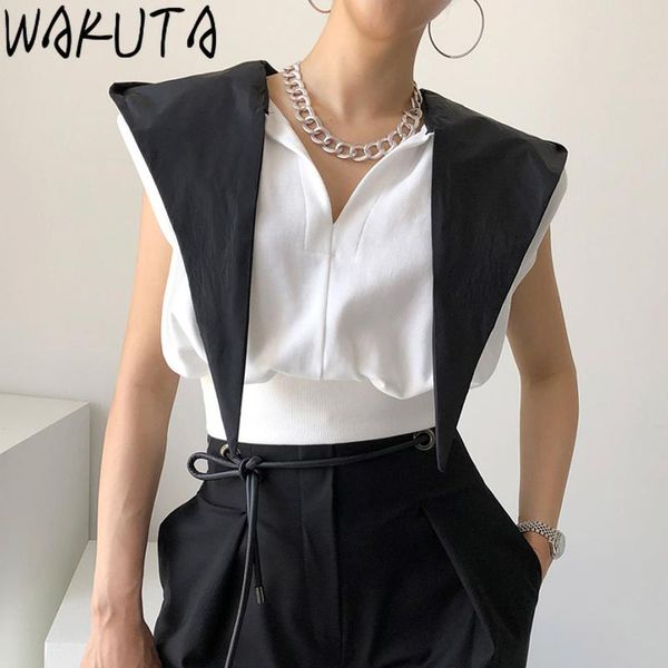 

women's t-shirt wakuta elegent contrast color patch hooded tshirts women 2021 korean street chic stylish flying sleeve slim waist summ, White