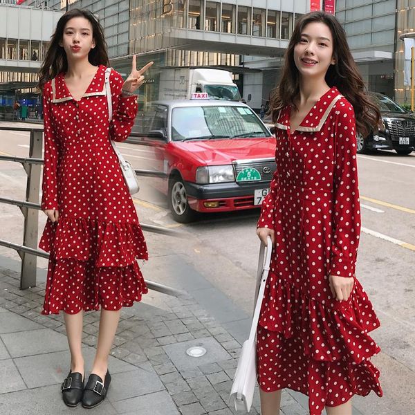 

casual dresses vintage red polka dot dress women spring long sleeve knee length midi layered, Black;gray