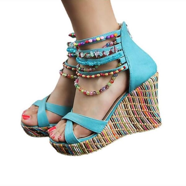 

dress shoes 2021 summer fashion color beaded bohemian national style super high heel wedge sandals platform women's casual, Black