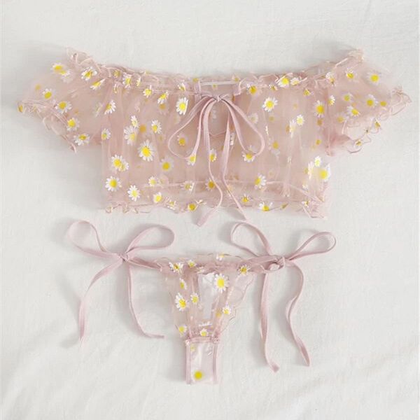 

2pcs women suit sheer daisy floral printing off-shoulder crop + bow knot tie-waist thong-panty underwear sets, Black;white