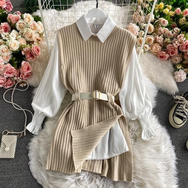 

2021 spring autumn women's lantern sleeve shirt knitted vest two piece sets of college style waistband vest two sets top, Gray