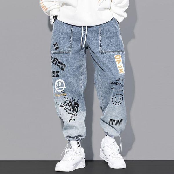 

men's jeans fothe trend spring, logo casual for men are loose, plus-size, girdle and wide-leg harlem pants, Blue