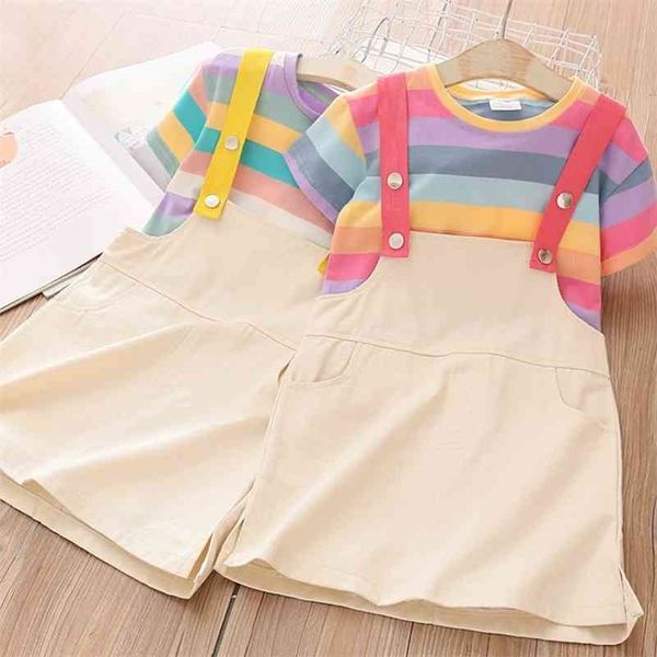 

summer 2 3 4 6 8 10 12 years baby overalls cotton dress+short sleeve stripe t-shirt 2 pcs school kids girls clothes set 210701, White