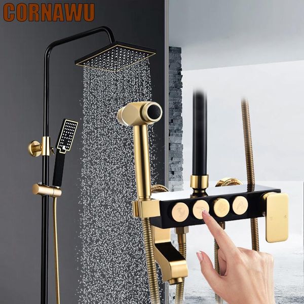 Badezimmer-Duschsets, Gold-Schwarz-System-Set, Kaltregen-Mischbatterien, Wandmontage, Badarmatur, Aluminium-Rundstange, Luxus-Ducha-Kit