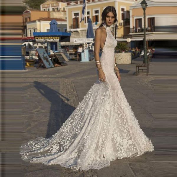 

party dresses white lace appliques boho bridal trouwjurk handmade flowers halter neck backless mermaid brideal gowns, White;black