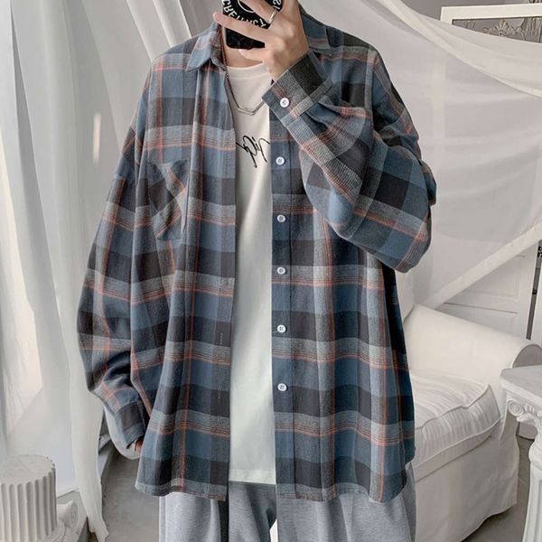 

2021 spring and plaid long sleeve men's korean fashion loose shirt coat autumn top, White;black