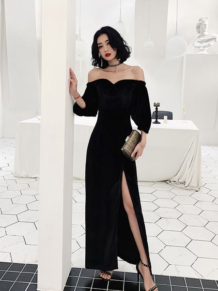 

vintage velvet strapless off shoulder floor length evening dress high split lantern sleeve pageant party gown host dress, Black;red