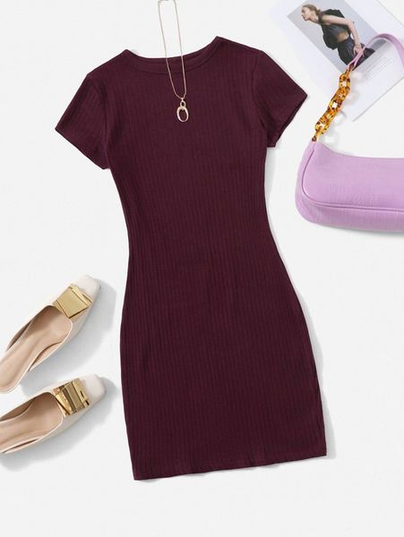 

solid rib-knit dress 07ji#, Black;gray