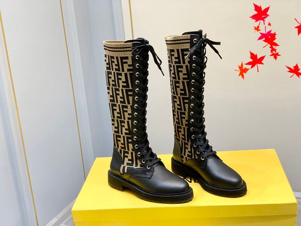 

2022 winter women dress boots high heels design leather boot knitted sock-like flats biker luxury designer shoes tall ankle booties with log, Black