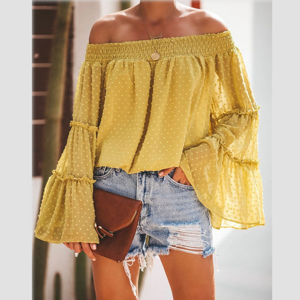 

2021 new women summer flare sleeve t shirt casual off shoulder slash neck polka dot t-shirt ladies elegant loose oversized 1e53, White