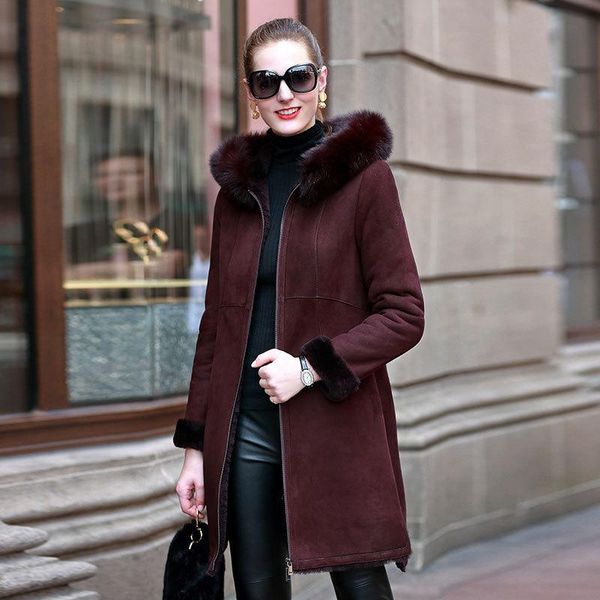 

women's fur & faux real faced double coat female leather jacket 2021 winter women collar natural wool coats my4257 s, Black