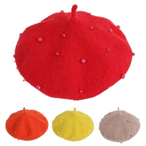 

caps & hats faux pearl decor children hat classic solid color warm baby girls beret cap for casual, Yellow