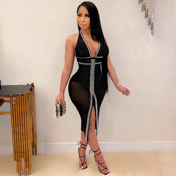 

glitter rhinestones nude mesh bodycon dresses women party club deep v neck halter backless split midi dress d42-dh25, Black;gray