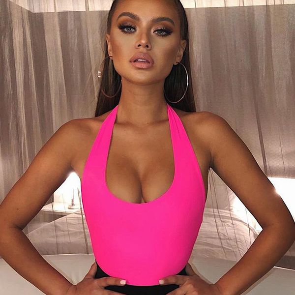 

Halter Hot Sexy Bodysuit Party Night Club Women Tops Outfit Summer Backless Sleeveless One Piece Bodysuits Solid, Black