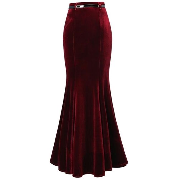 

plus size 5xl autumn vintage velvet black maxi long mermaid skirt fashion women elegant velour skirts with belt 210621