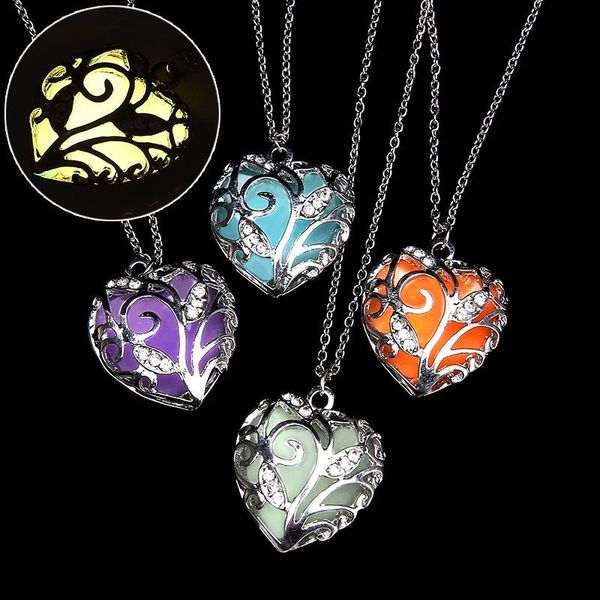 

pendant necklaces glow in dark hollow heart shaped blue light necklace, Silver