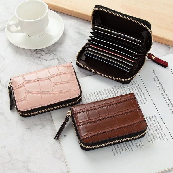 

card holders pu leather business slim zipper case holder credit/id/bank wallet bag, Brown;gray